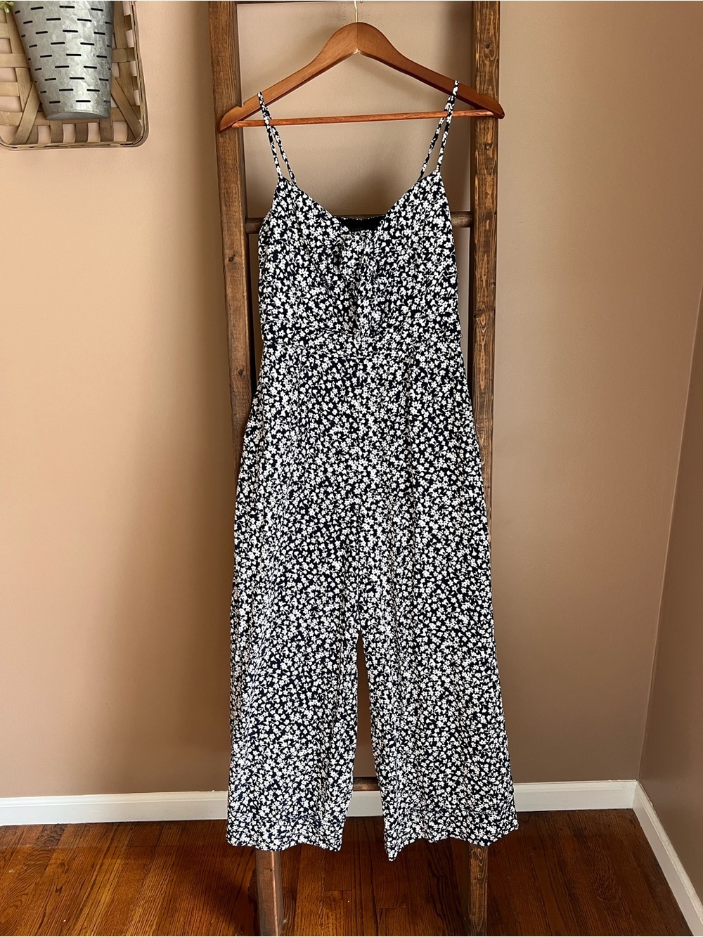 J. Crew Navy & White Floral Spaghetti-Strap Jumpsuit